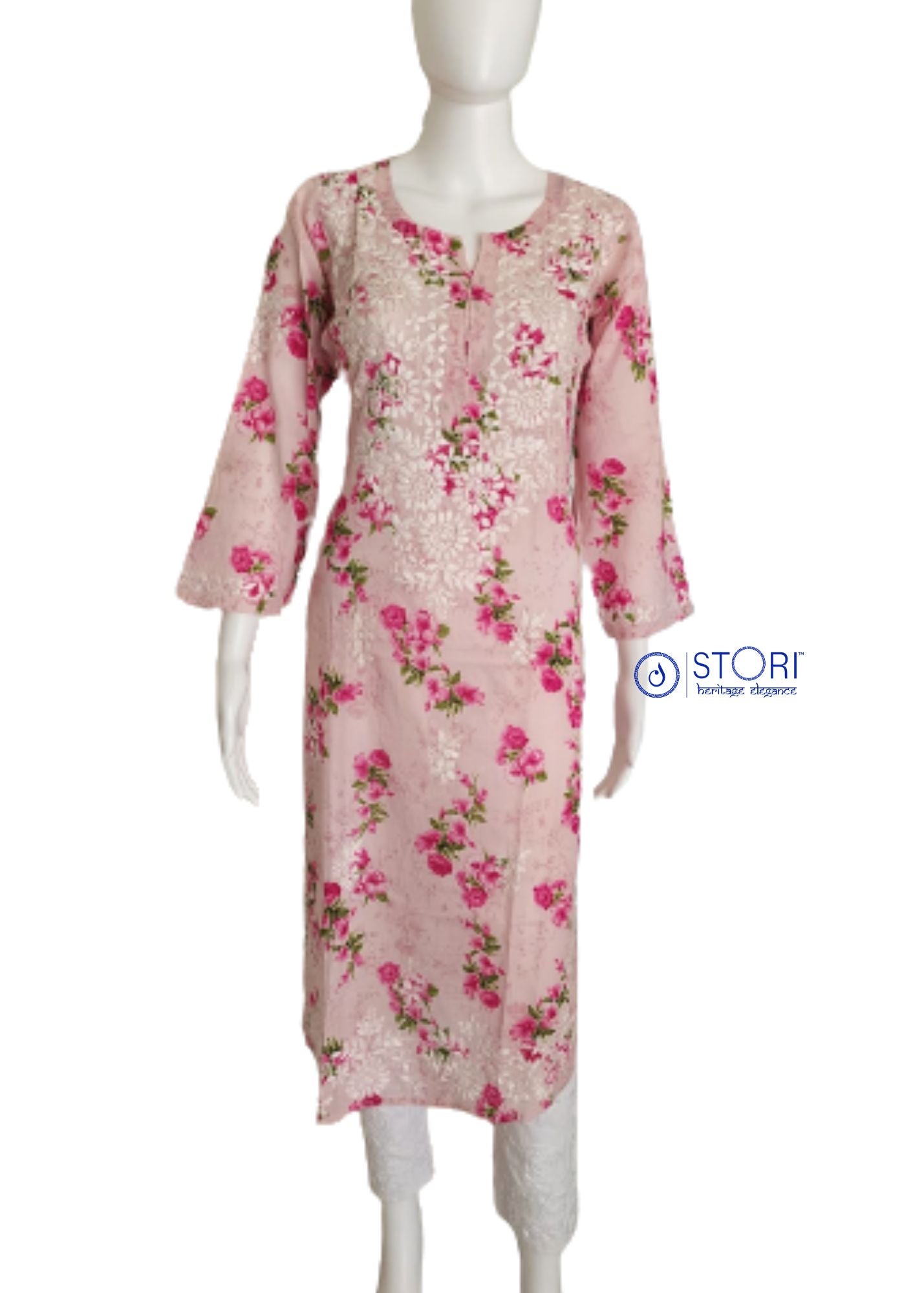 Floral Pink Cotton Mulmul Chikankari Kurti