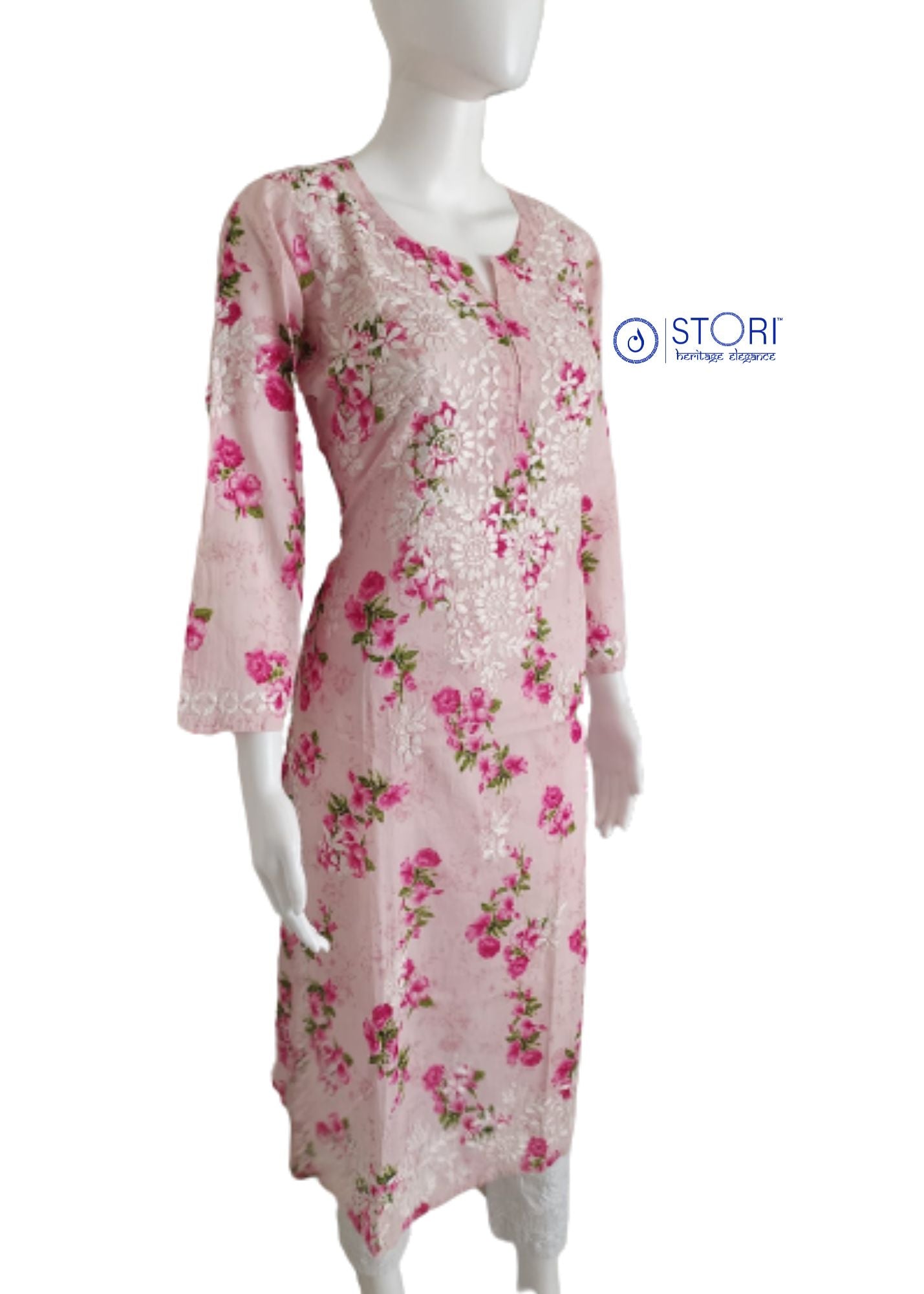 Floral Pink Cotton Mulmul Chikankari Kurti