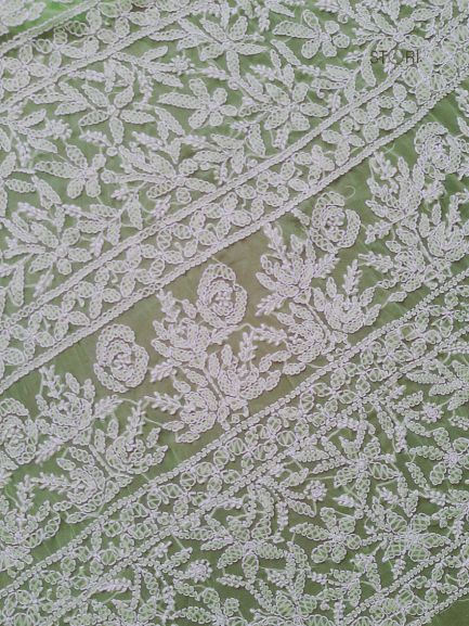 Pista Green Noor Full Jaal Hand Embroidered Lucknowi Chikankari Saree