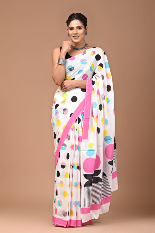 Polka Dots Printed Handloom Cotton Mulmul Saree