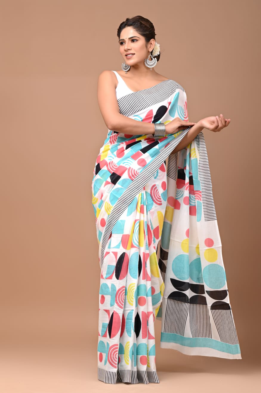 Big Polka Dots Printed Handloom Cotton Mulmul Saree