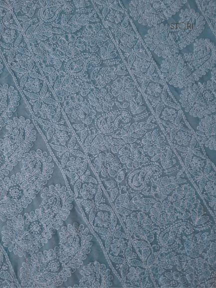 Powder Blue Noor Full Jaal Hand Embroidered Lucknowi Chikankari Saree