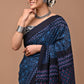 Prussian Blue Block Printed Handloom Cotton Mulmul Saree