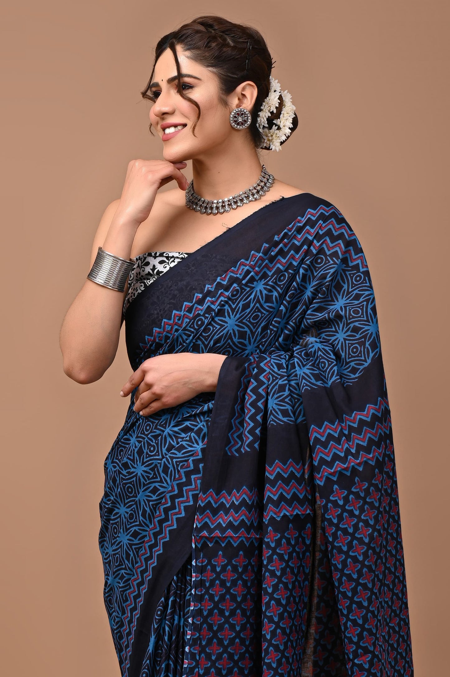 Prussian Blue Block Printed Handloom Cotton Mulmul Saree