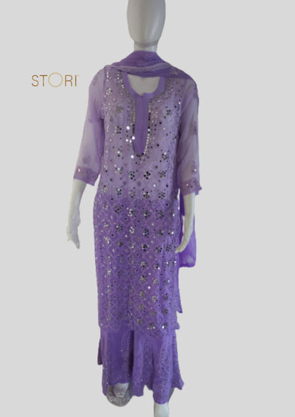 Lavendar Ombre Style Georgette Chikankari Kurti Palazzo Dupatta Set With Mirror Work