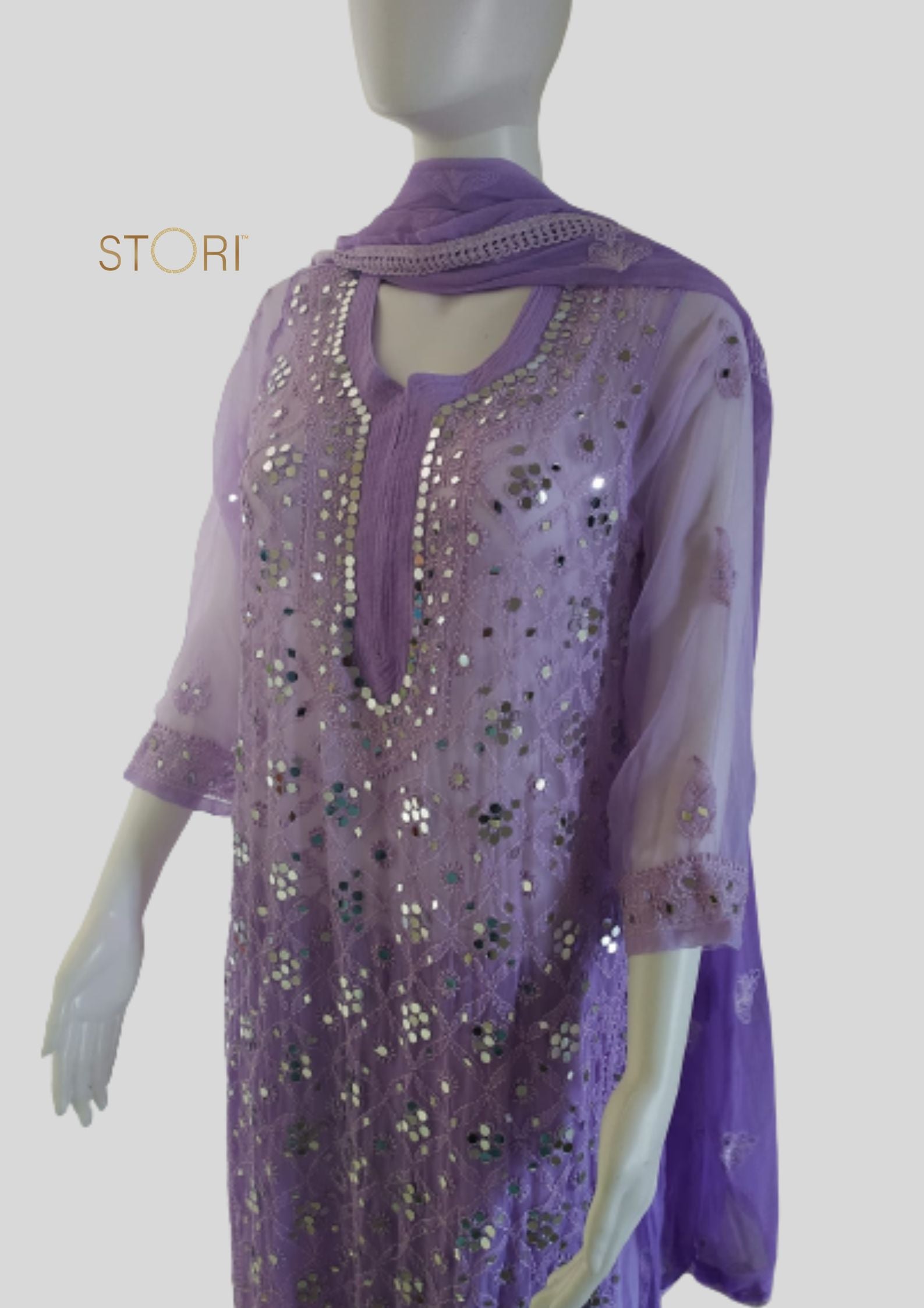 Lavendar Ombre Style Georgette Chikankari Kurti Palazzo Dupatta Set With Mirror Work