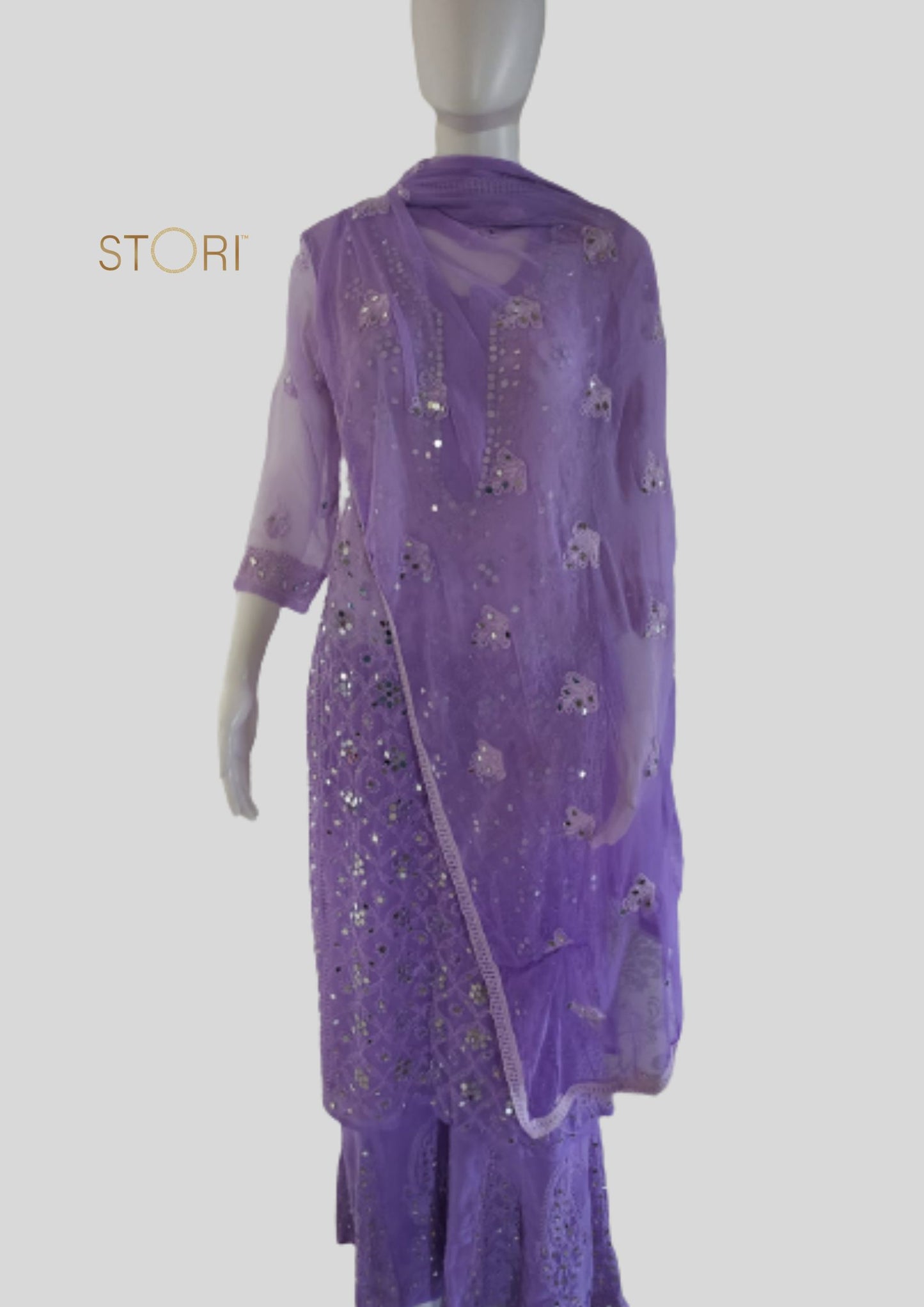 Lavendar Ombre Style Georgette Chikankari Kurti Palazzo Dupatta Set With Mirror Work