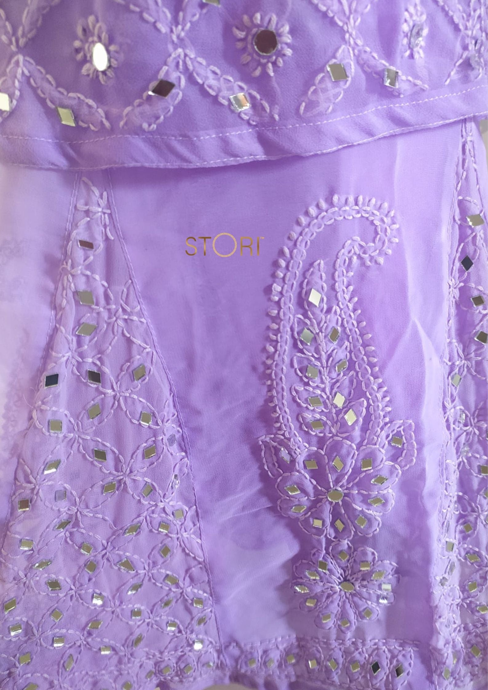 Lavender Ombre Style Georgette Chikankari Kurti Palazzo Dupatta Set With Mirror Work