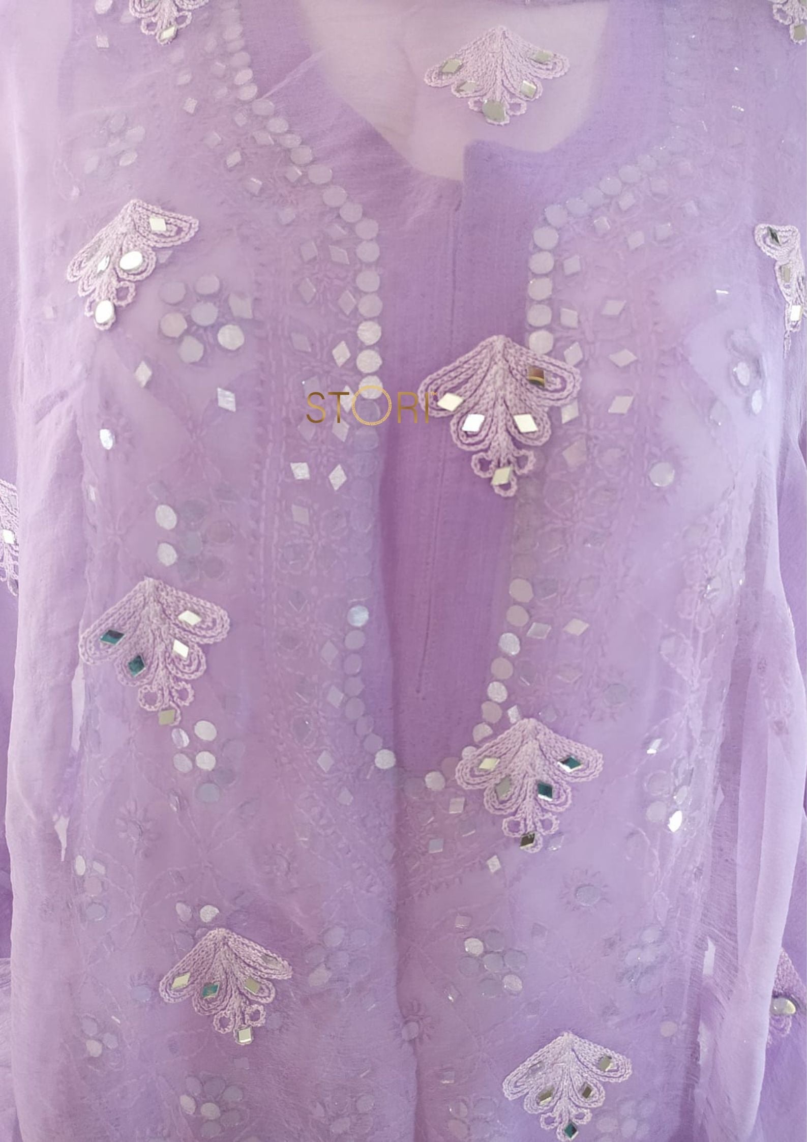 Lavender Ombre Style Georgette Chikankari Kurti Palazzo Dupatta Set With Mirror Work