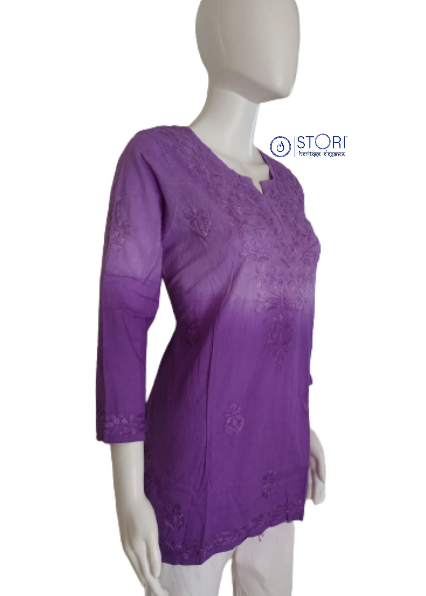 Rihaana Lavendar Dobby Cotton Ombre Shaded Short Chikankari Kurti