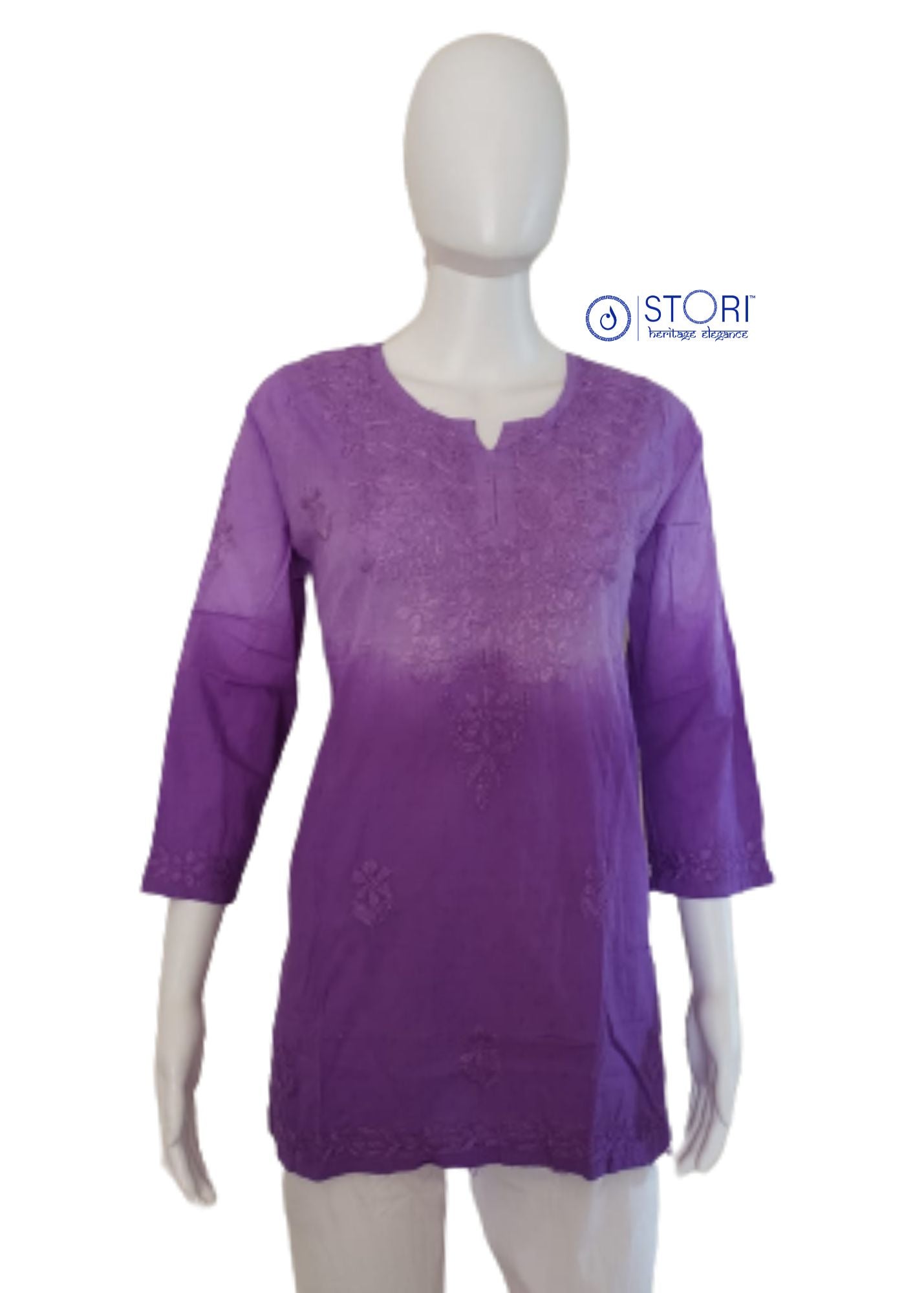 Rihaana Lavendar Dobby Cotton Ombre Shaded Short Chikankari Kurti