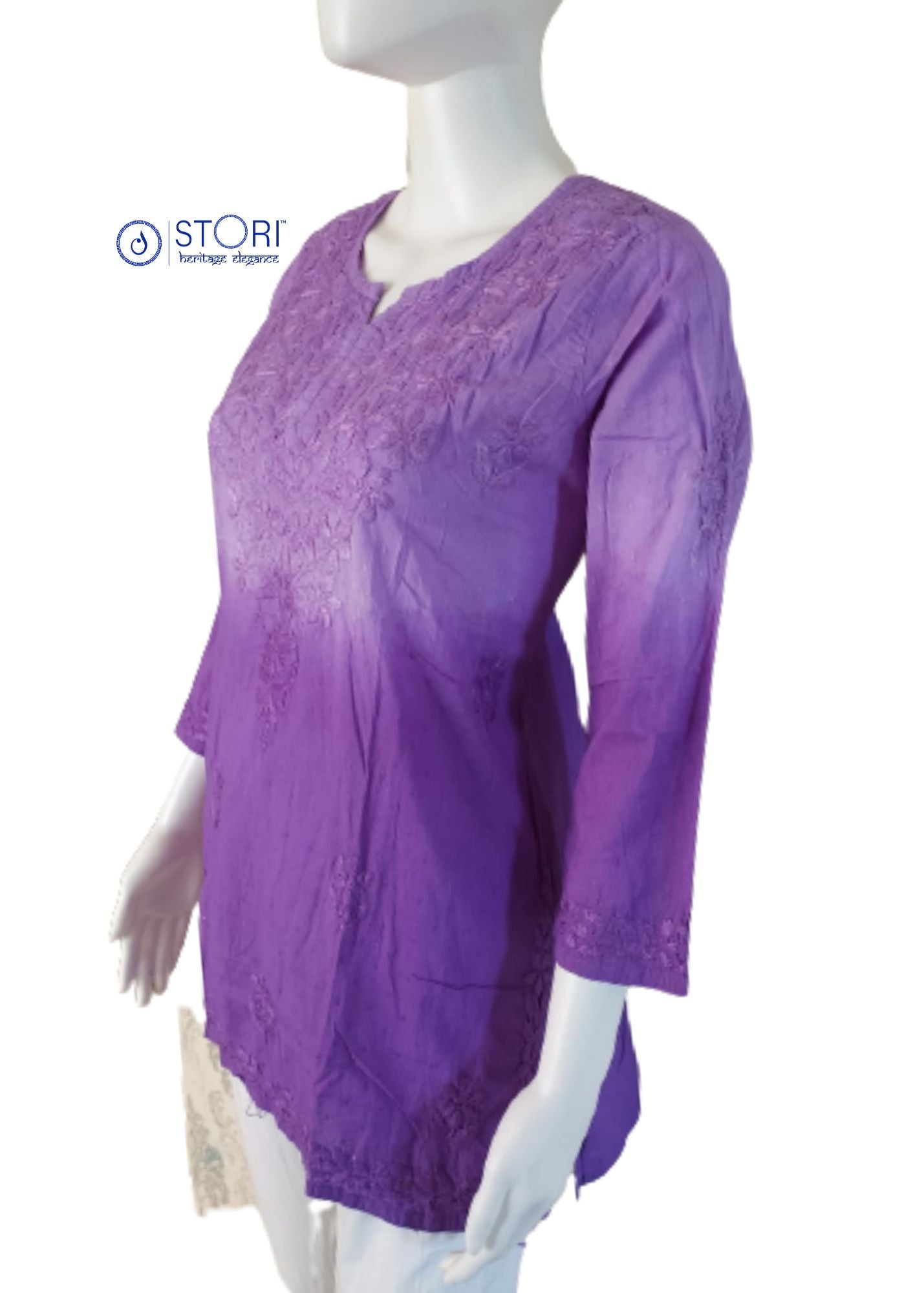 Rihaana Lavendar Dobby Cotton Ombre Shaded Short Chikankari Kurti