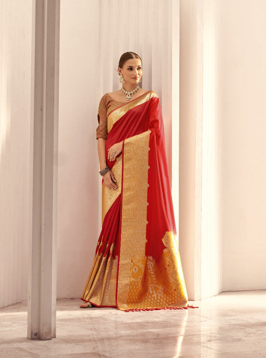 Bright Red Green Soft Silk Saree