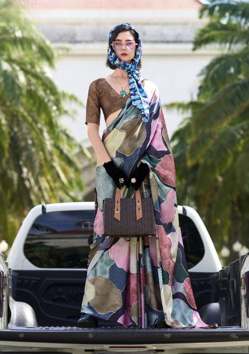 Multicolor Abstract Printed Satin Crepe Silk Saree