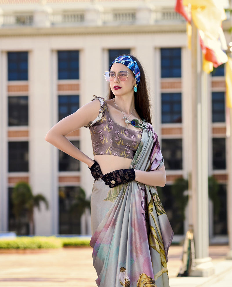 Cloudy Grey Floral Printed Satin Crepe Silk Saree