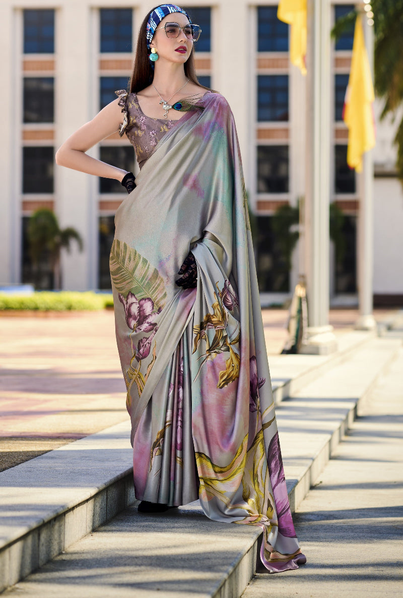 Cloudy Grey Floral Printed Satin Crepe Silk Saree