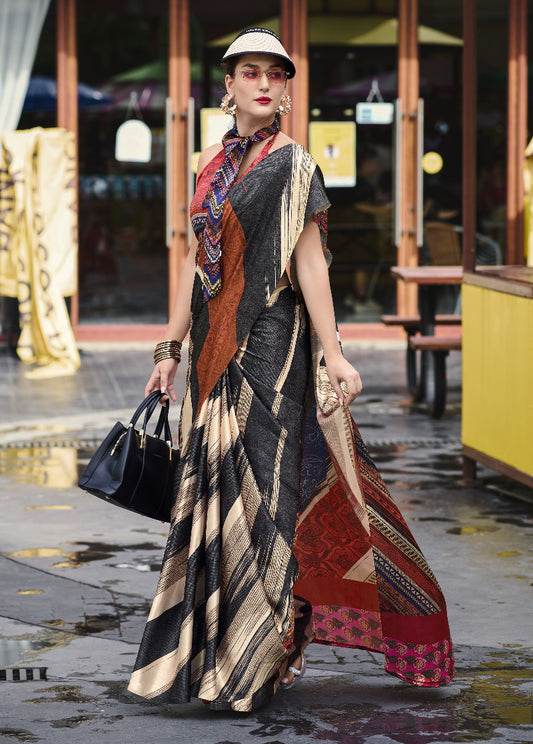 Multicolor Printed Satin Crepe Silk Saree