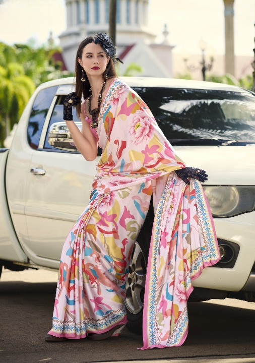 Pale Pink Abstract Printed Satin Crepe Silk Saree