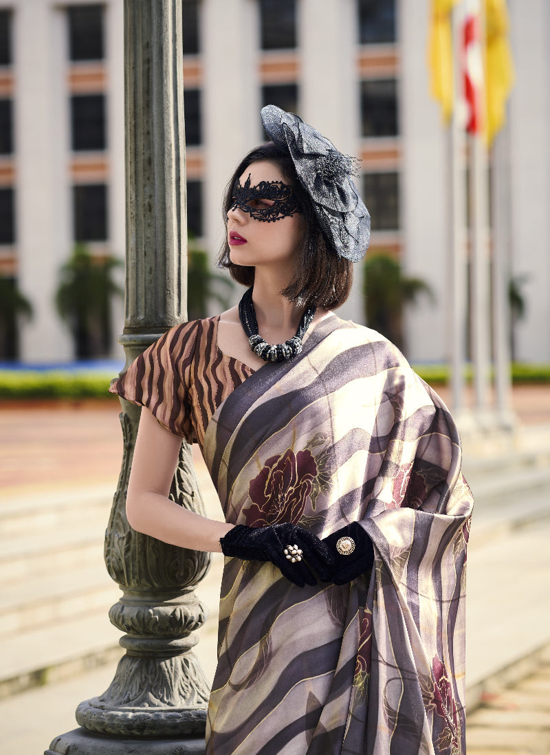 Caramel Chocolate Brown Satin Crepe Silk Saree