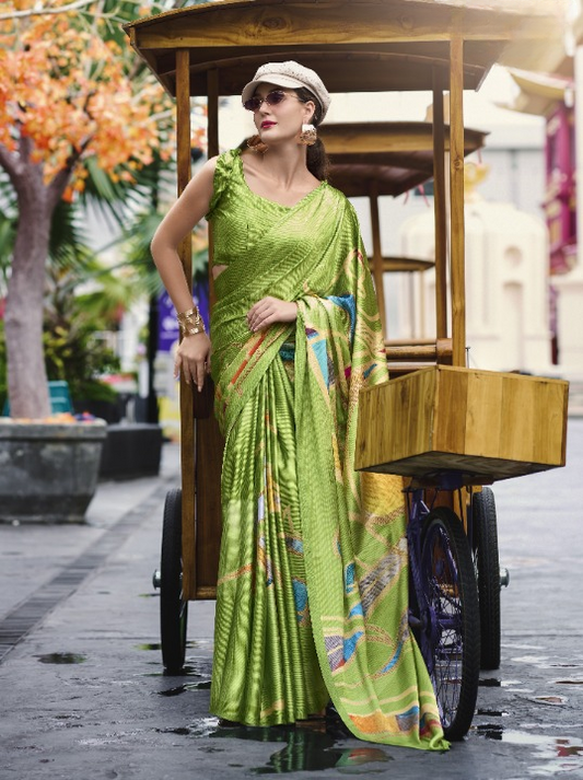 Italian Green Satin Crepe Silk Saree