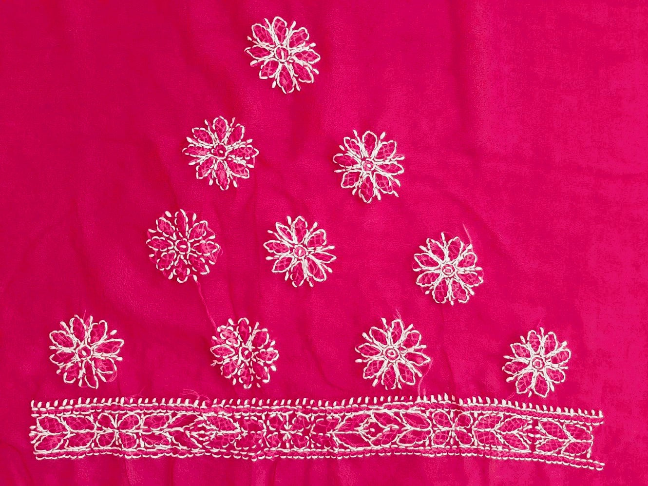 Rani Pink Noor Full Jaal Hand Embroidered Lucknowi Chikankari Saree