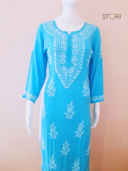 Sky Blue Soft Rayon Handcrafted Chikankari Kurti