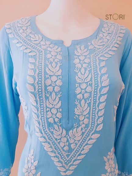 Sky Blue Soft Rayon Handcrafted Chikankari Kurti