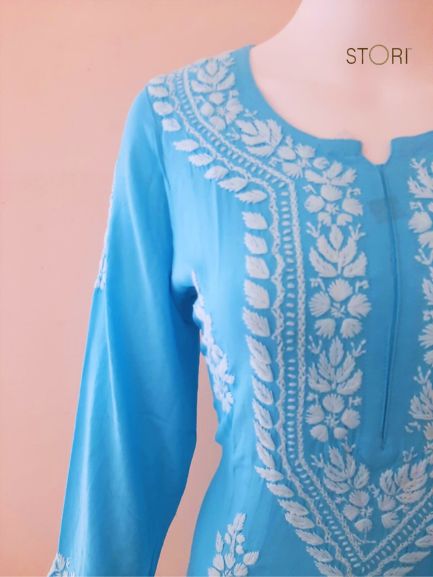 Sky Blue Soft Rayon Handcrafted Chikankari Kurti