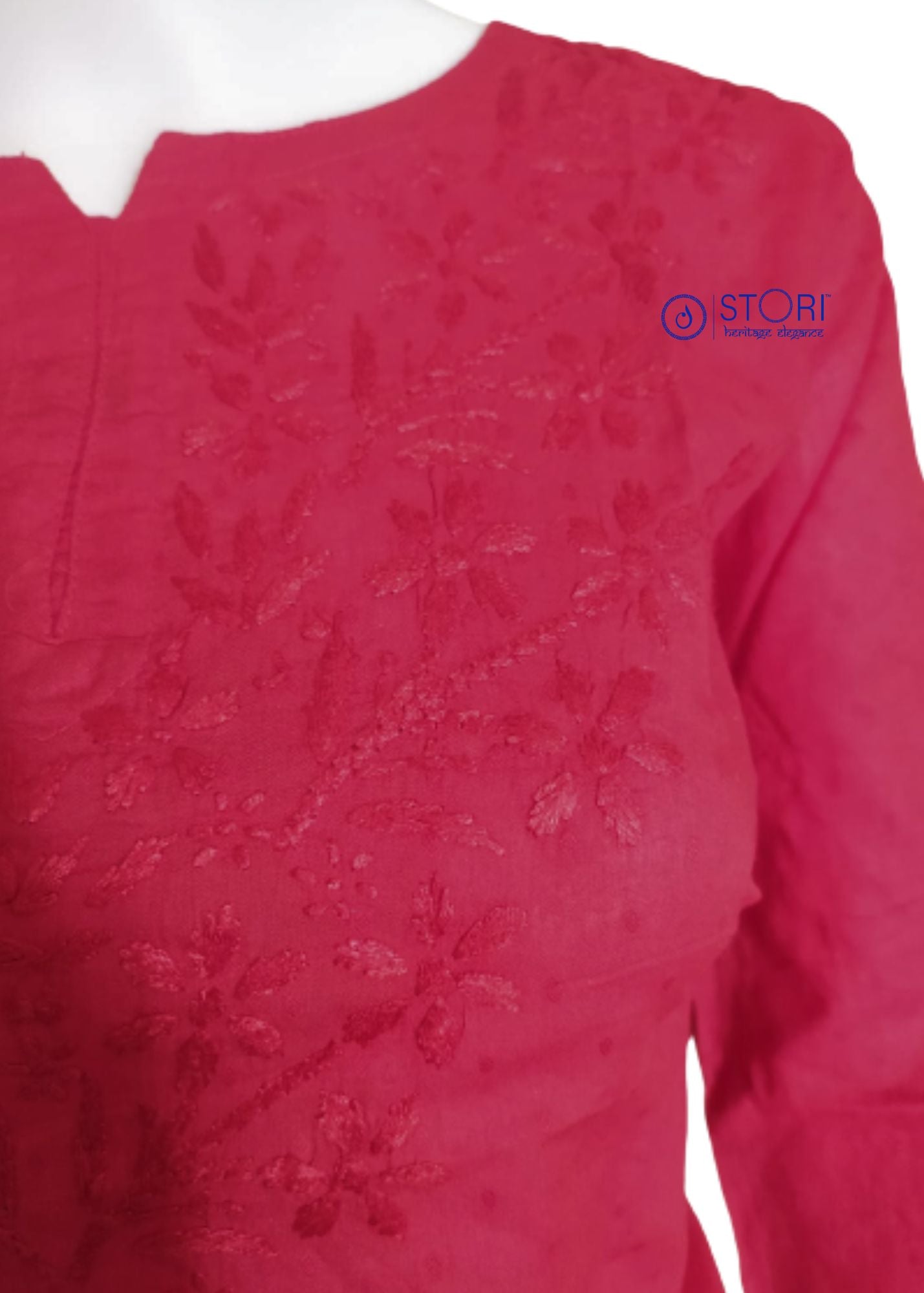 Red Dobby Cotton Short Chikankari Kurti