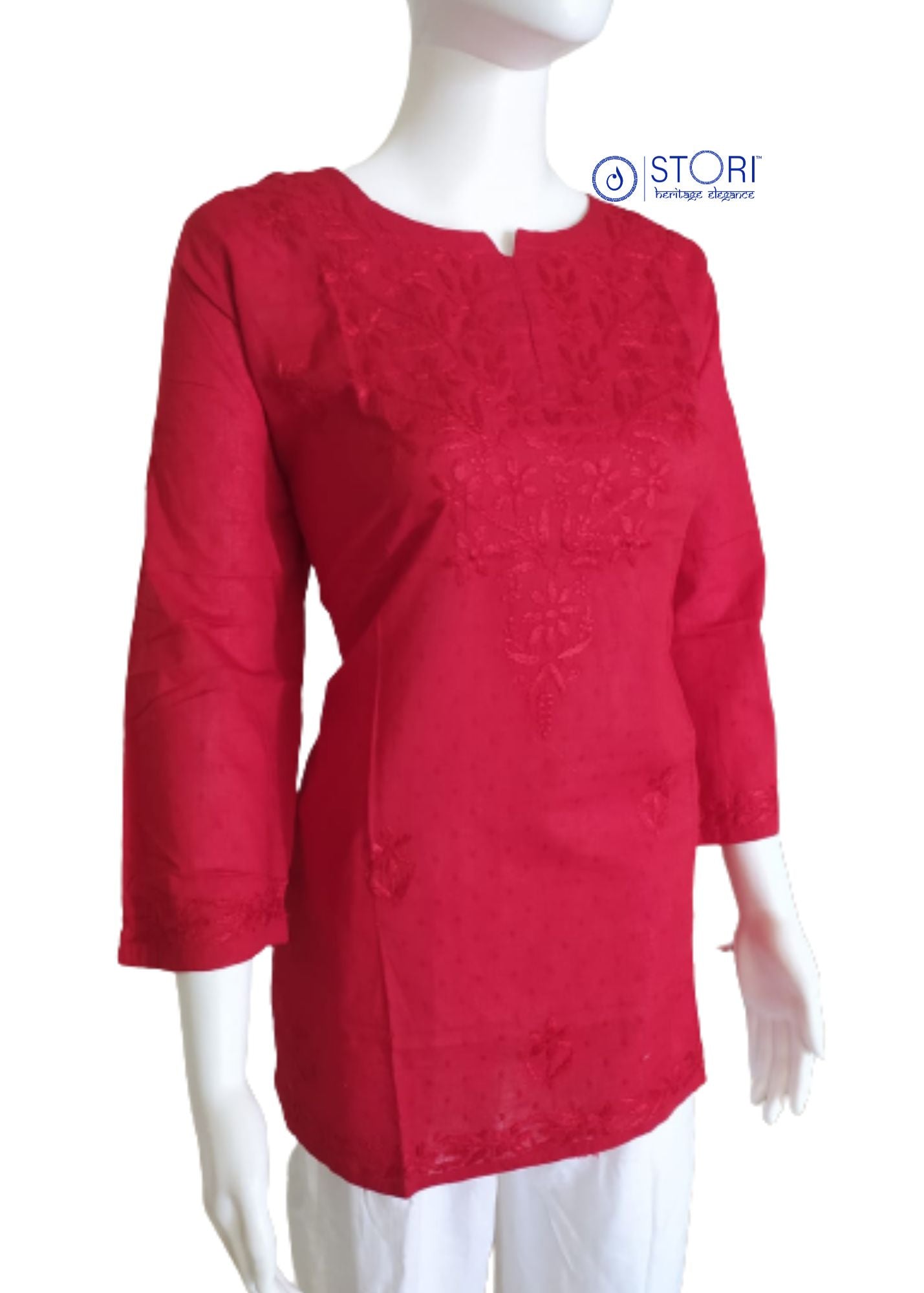 Red Dobby Cotton Short Chikankari Kurti