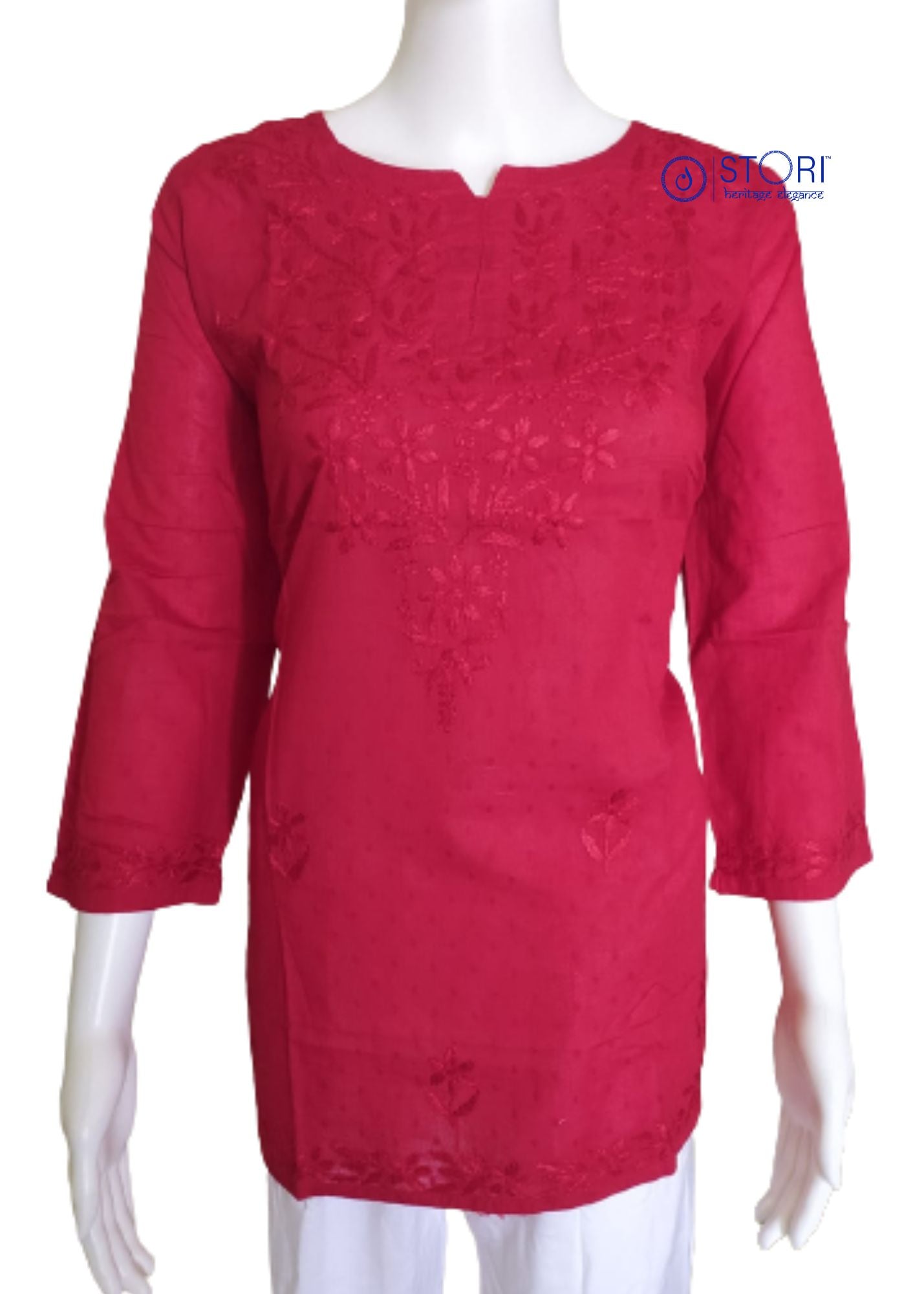 Red Dobby Cotton Short Chikankari Kurti