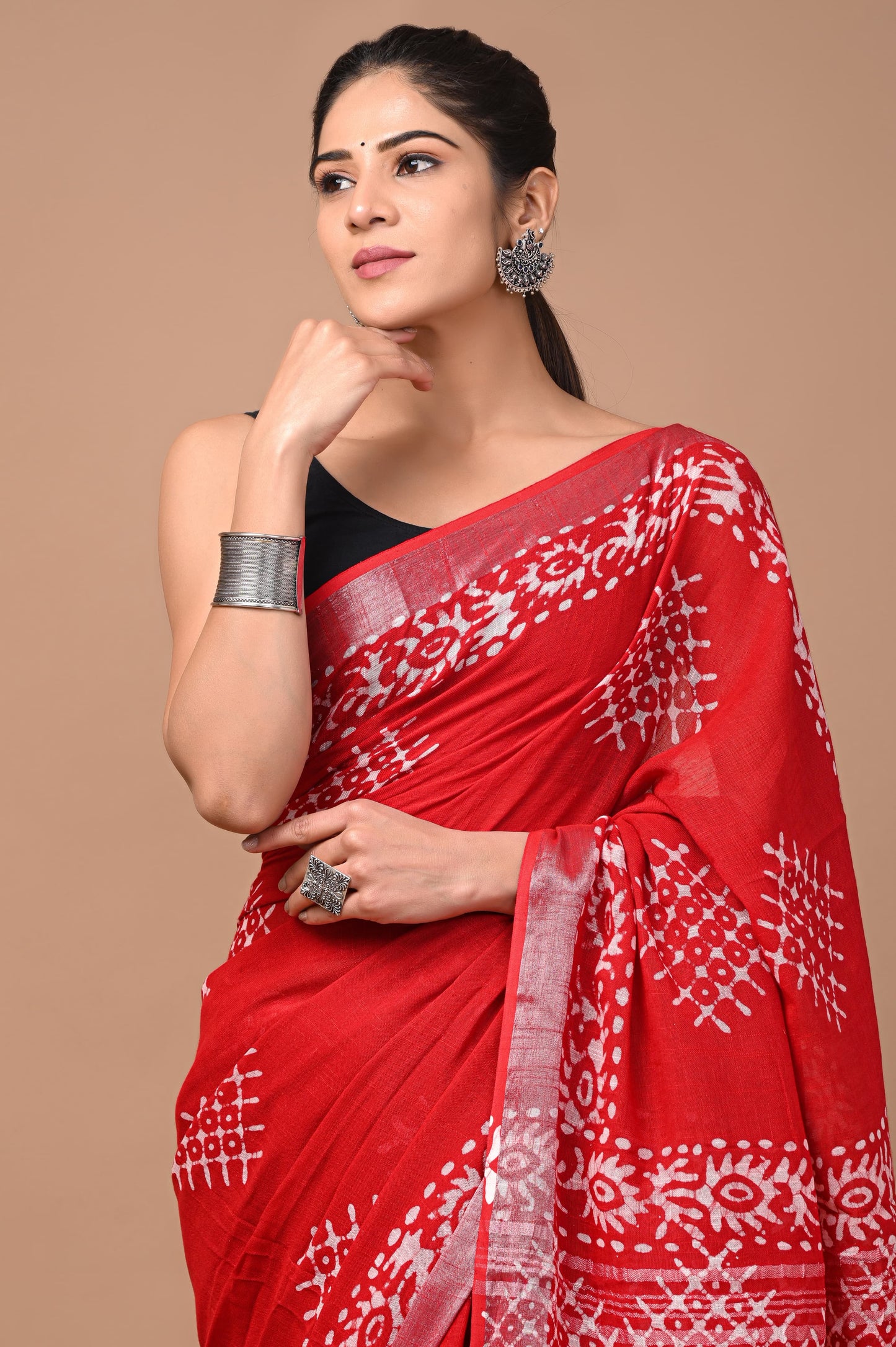 Carmine Red Linen Saree With Handblock Printed Worli Art Motifs