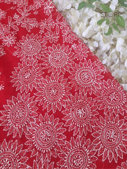 Bridal Red Surya Hand Embroidered Lucknowi Chikankari Saree