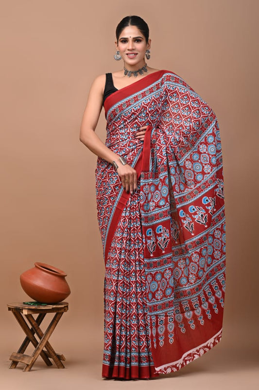 Red Handloom Cotton Mulmul Saree Online-STORI