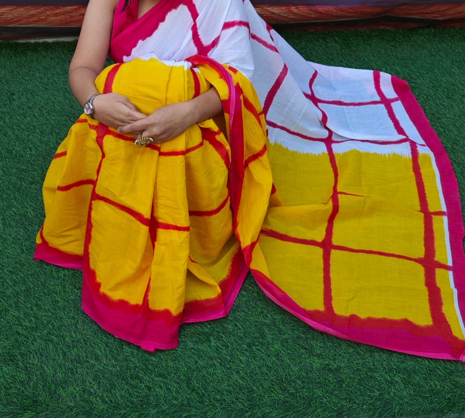 Yellow & Red Big Checks Cotton Mulmul Saree