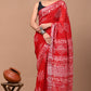 Carmine Red Linen Saree With Handblock Printed Worli Art Motifs