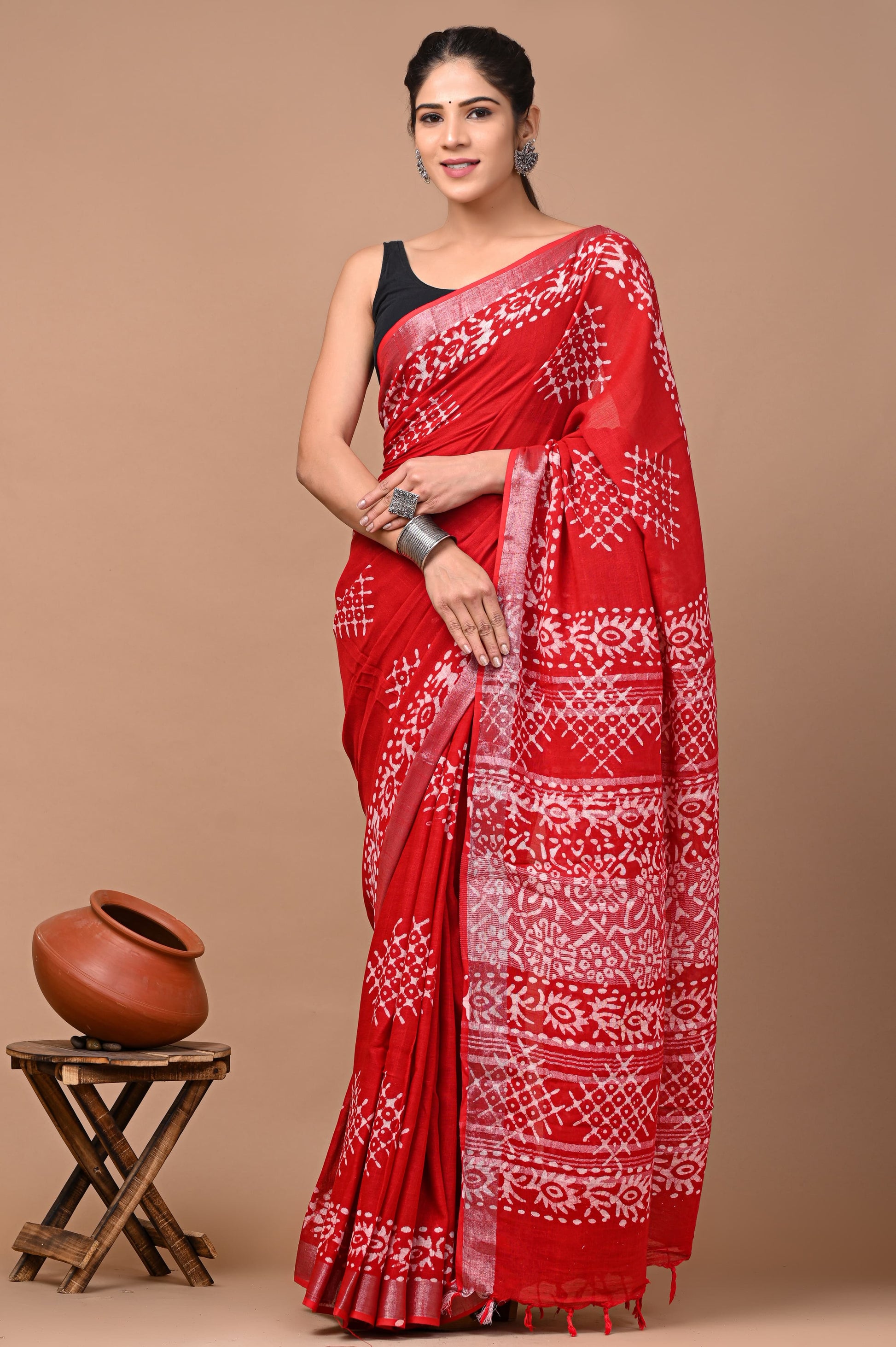 Carmine Red Linen Saree With Handblock Printed Worli Art Motifs