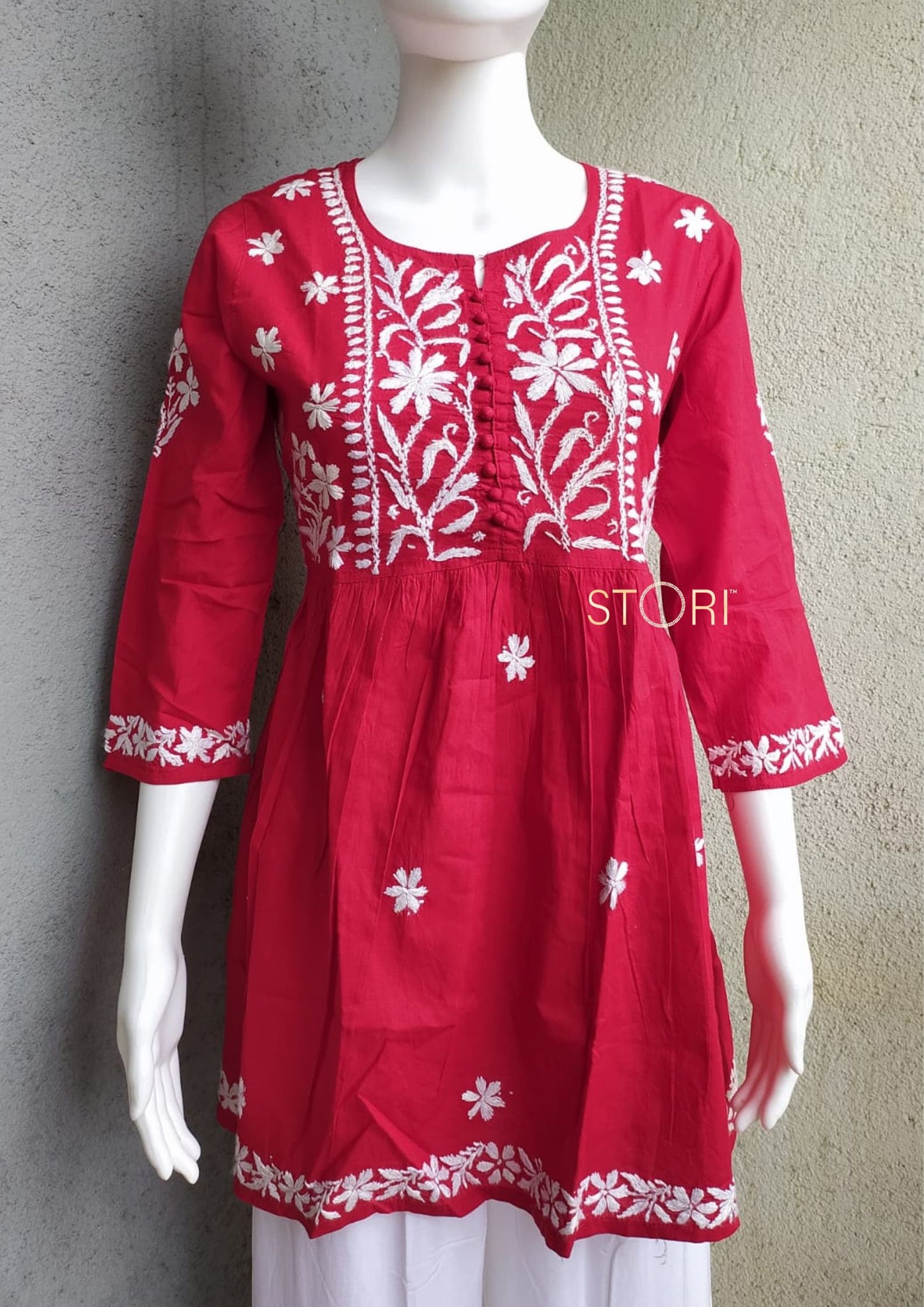 Bright Red Flared Cotton Short Chikankari Kurti