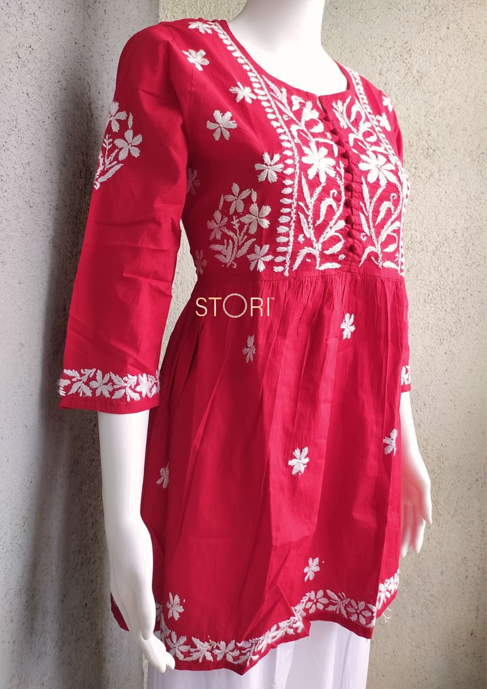 Bright Red Flared Cotton Short Chikankari Kurti