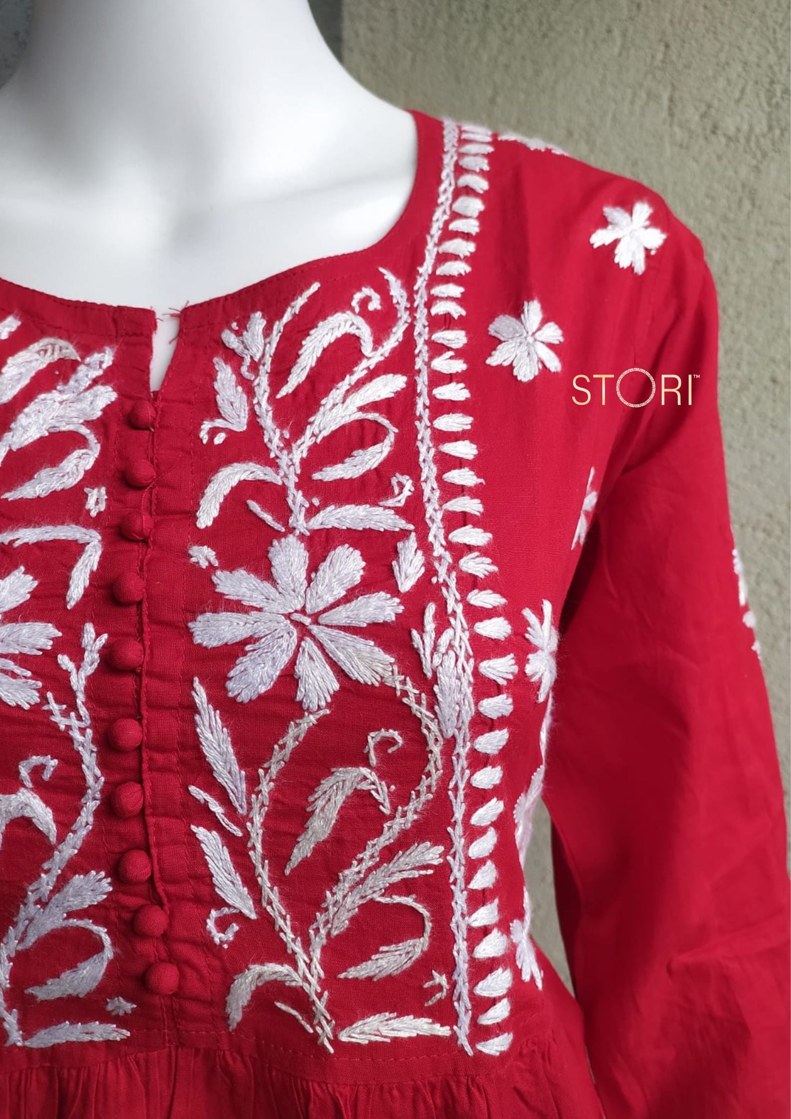 Bright Red Flared Cotton Short Chikankari Kurti