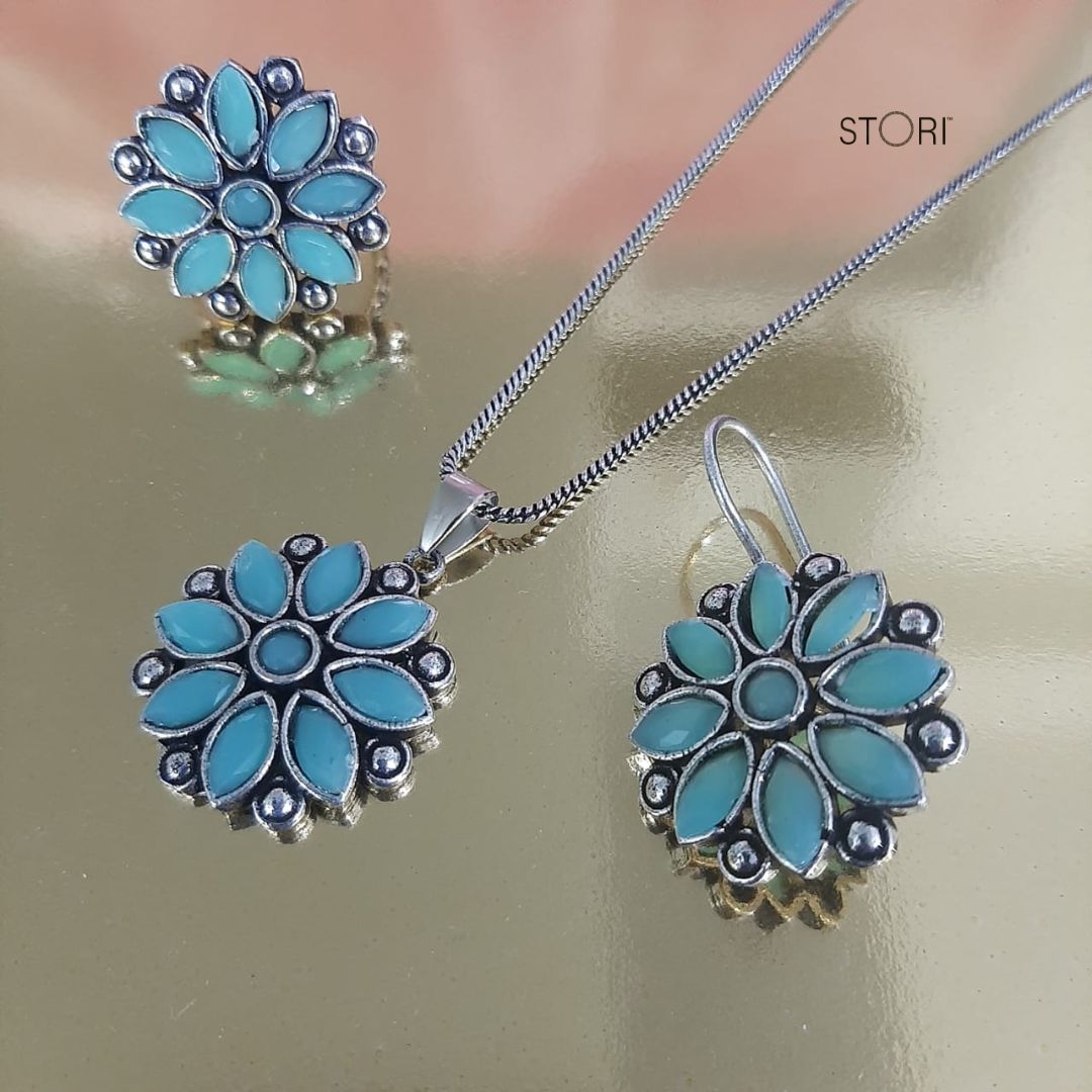 Reet Floral Star Pattern Monalisa Stones Oxidised Combo Set