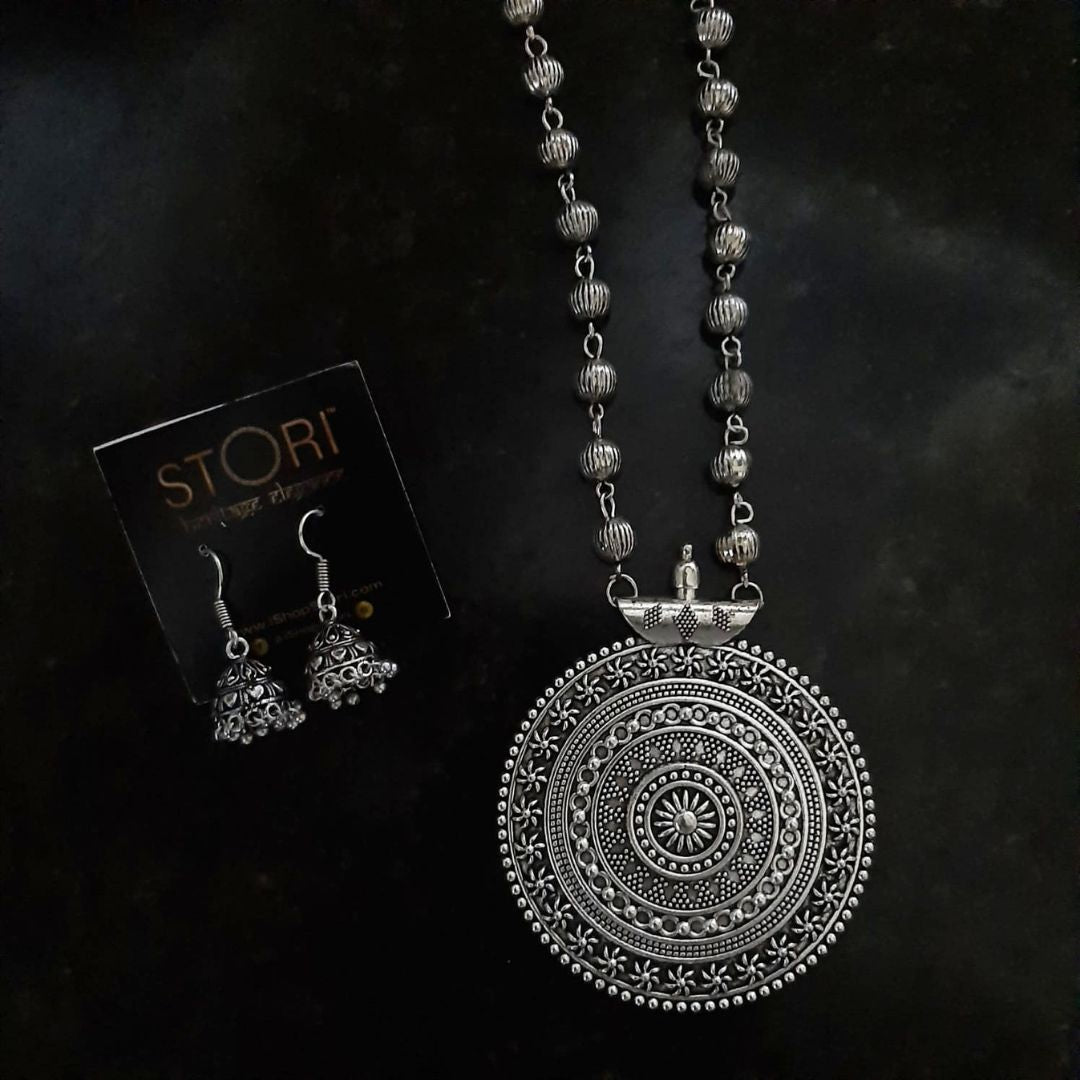 Tamhini Long Circular Oxidised Necklace Set