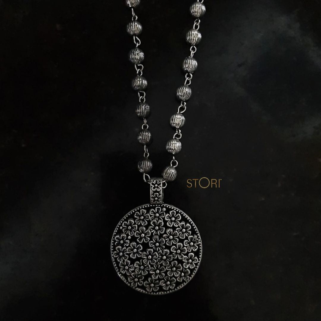 Tamhini Long Circular Lantana Flowers Oxidised Necklace Set