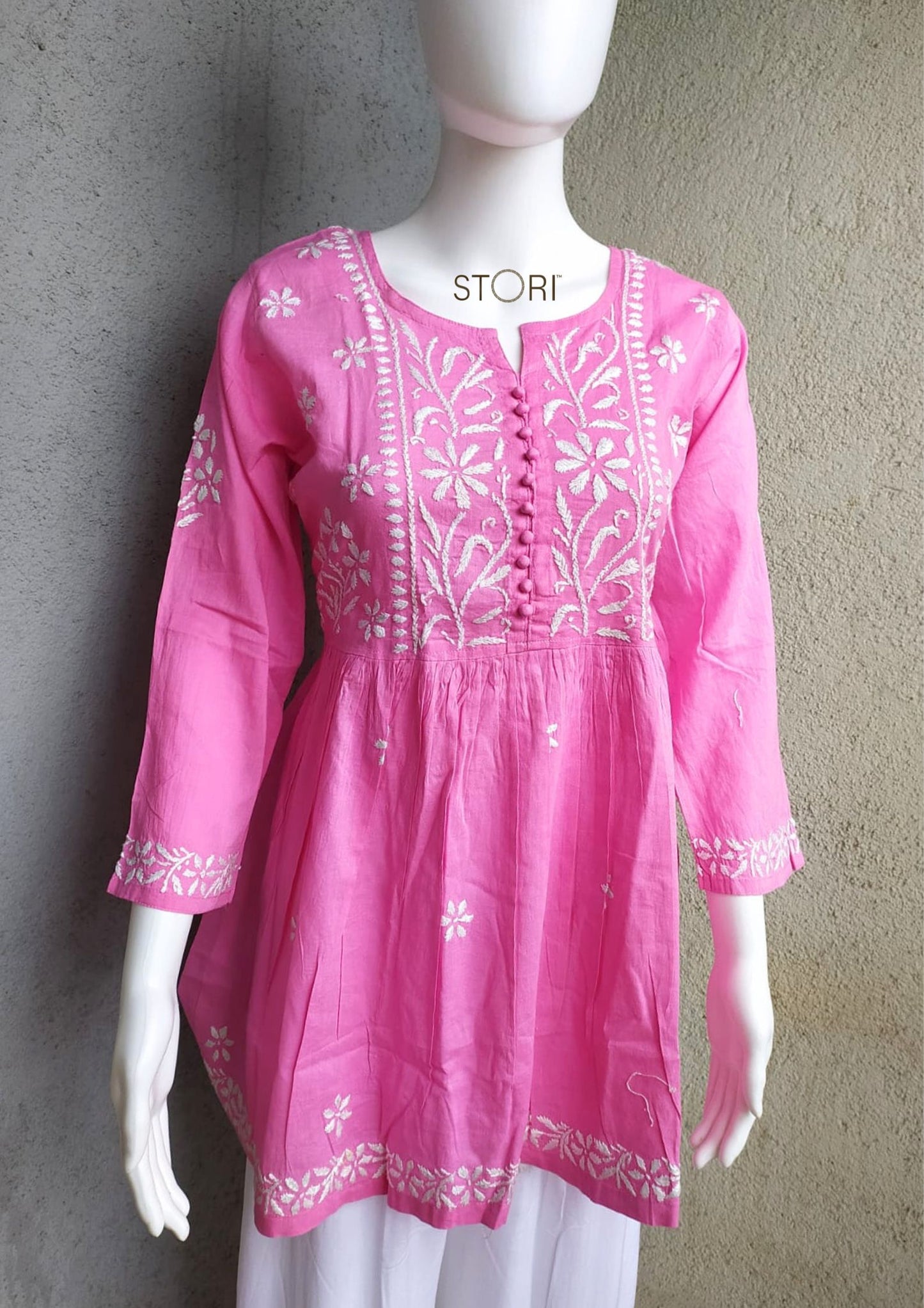 Rose Pink Flared Cotton Short Chikankari Kurti