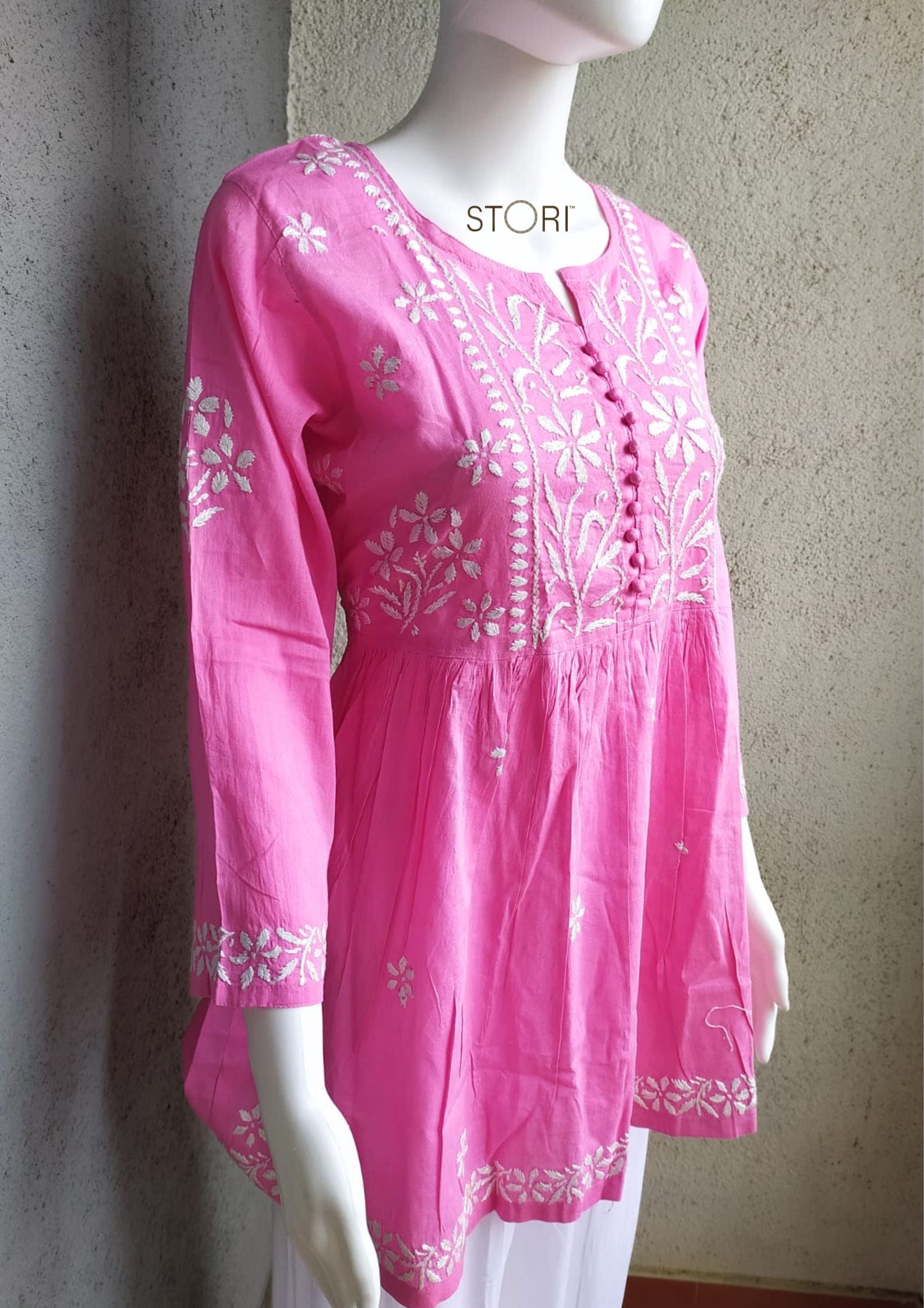 Rose Pink Flared Cotton Short Chikankari Kurti