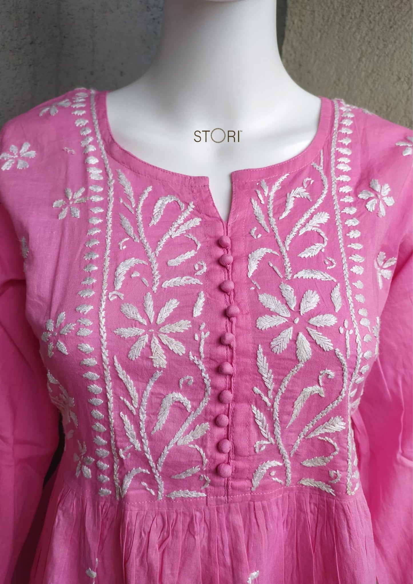 Rose Pink Flared Cotton Short Chikankari Kurti