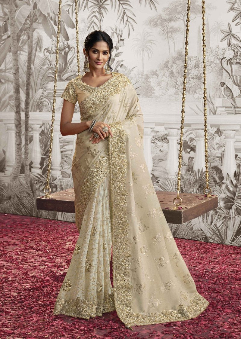 Ivory White Heavy Embroidered Designer Silk Saree