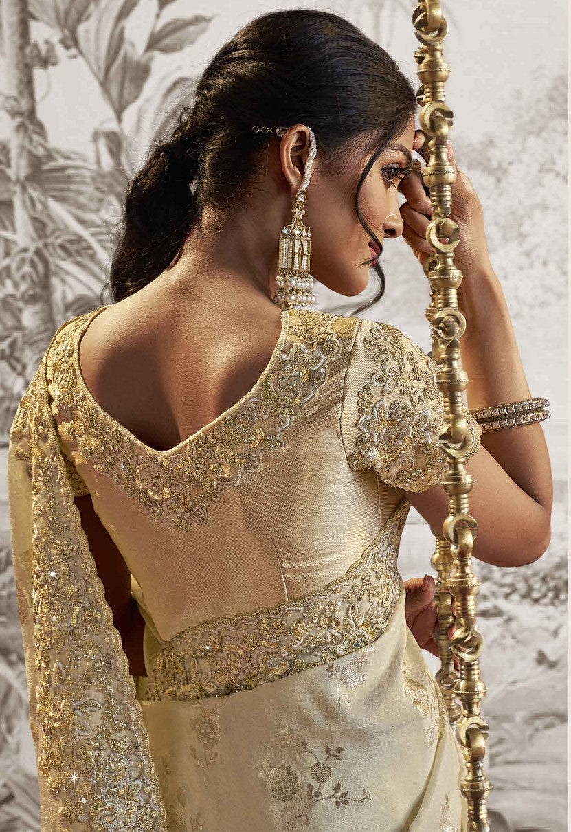 Ivory White Heavy Embroidered Designer Silk Saree