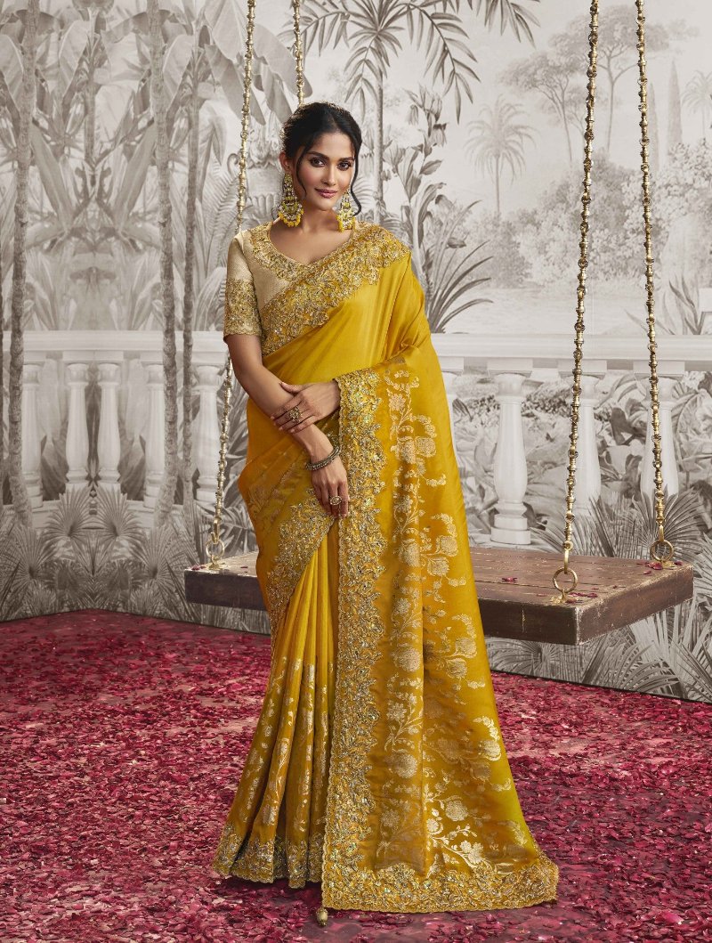 Festive Yellow Heavy Embroidered Designer Silk Saree