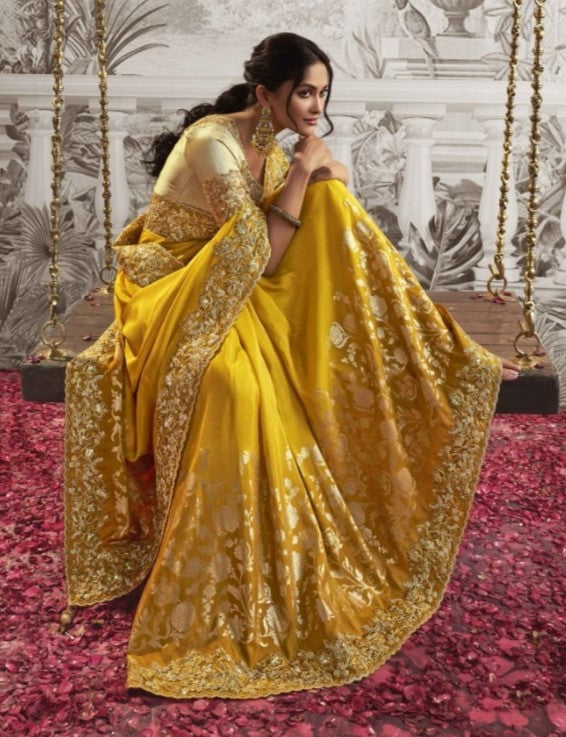 Festive Yellow Heavy Embroidered Designer Silk Saree